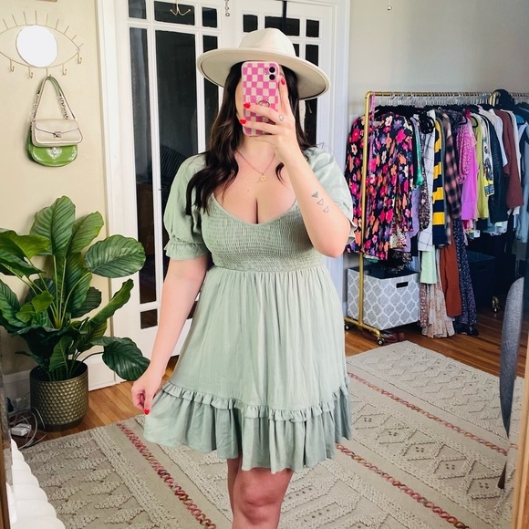 Altar'd State Sage Green Puff Sleeve Smocked Mini Dress - Picture 6 of 8